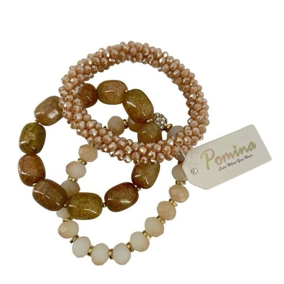 Pomina Women’s Neutral Bohemia Beaded Stretch Stackable Bracelet Set, Set of 3 - Picture 1 of 10